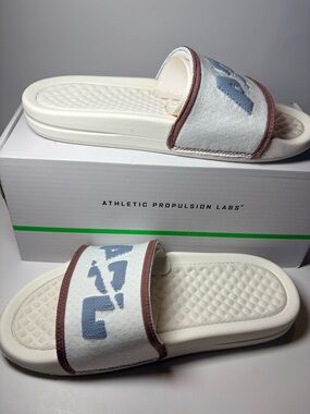 APL White Slide Sandals with Blue Logo and Mauve Trim Women's size 5 new